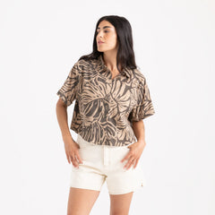 Bless Up Cropped Button Up Shirt - Khaki